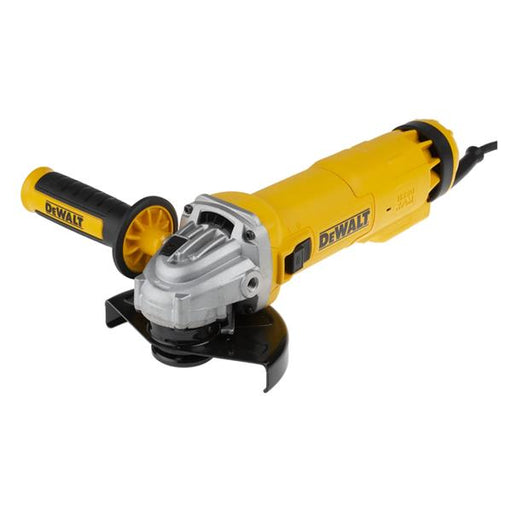 A DeWalt angle grinder with a yellow and black body, silver metal housing, and a black guard, shown on a plain white background.