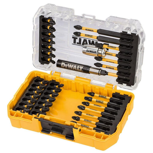 DEWALT drill bit set in a clear and yellow case on a white background