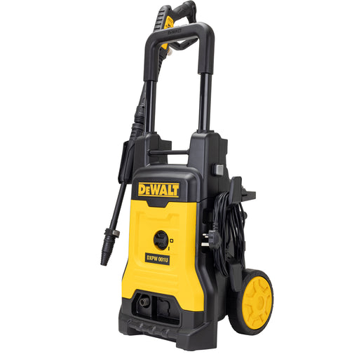 DeWalt 220V 8000 PSI cordless pressure washer with a yellow and black body, featuring a built-in handle, hose reel, and single wheel, shown on a solid white background.