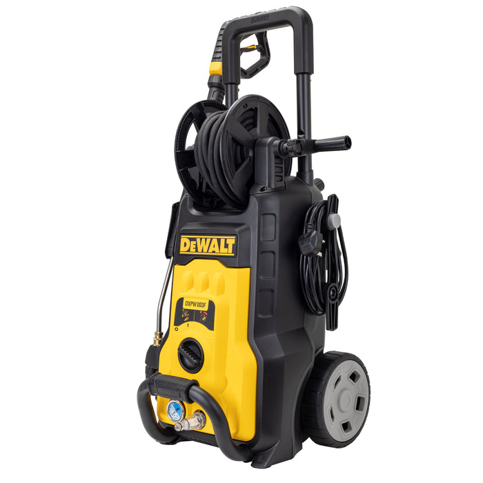 DeWalt high-pressure washer with yellow and black body, hose reel, hose, and wheels on a white background.