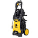 A DeWalt high-pressure washer with a yellow and black body, featuring a hose reel, spray wand, and wheels, shown on a solid white background.