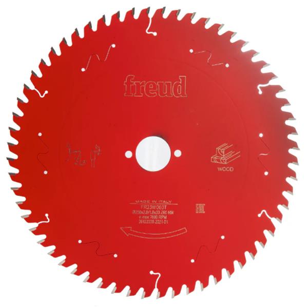 Red circular saw blade with 'freud' branding on a white background