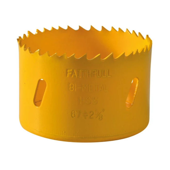 Yellow bi-metal hole saw with 'Faithfull' branding on a white background