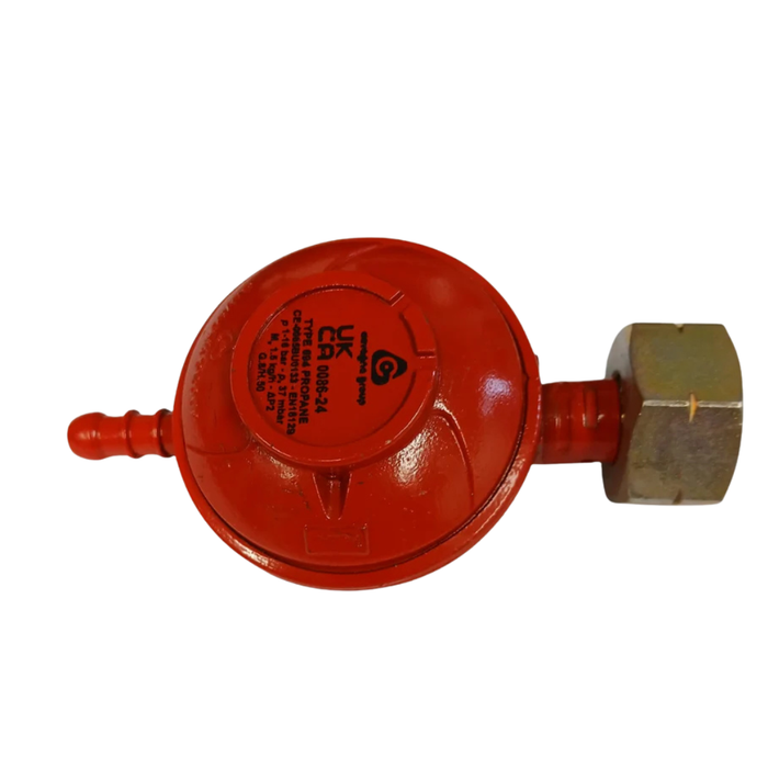 A red fire hydrant regulator valve with a brass connection fitting, shown against a plain white background.