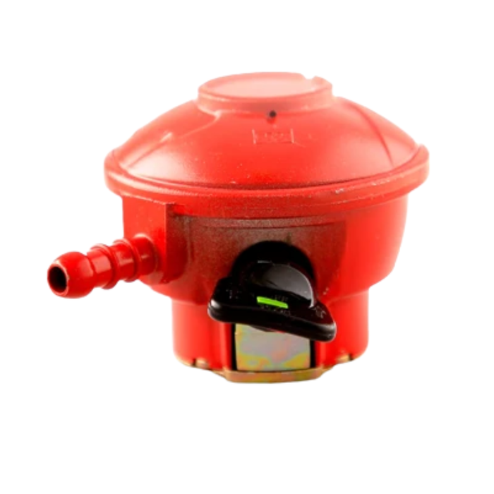 A red plastic fuel or gas regulator with a black adjustment knob and a small side barb connector, isolated on a white background.