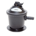 A black plastic pressure regulator or filter component with a side barb and a top latch, featuring an SRG label on a white background.