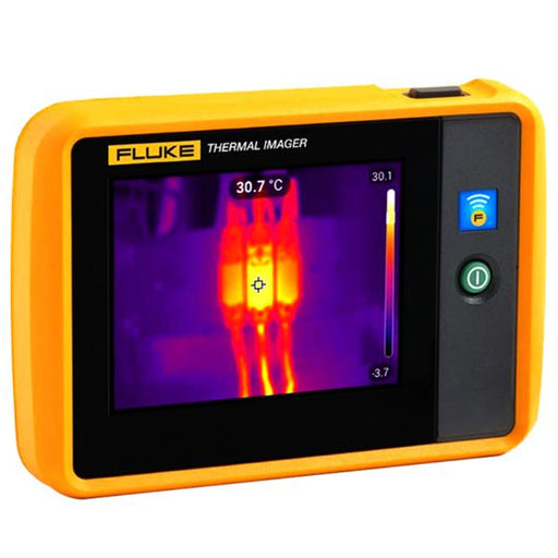 A Fluke thermal imager handheld device with a bright orange-yellow protective casing, a black faceplate, and a color thermal imaging screen showing a heat map.