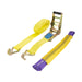 Yellow ratchet strap with metal ratchet and hooks on a white background