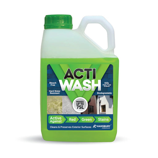 Green bottle of Acti Wash cleaning solution on a white background