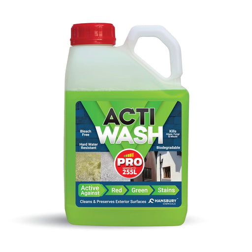 Green bottle of Acti Wash Pro with a red cap on a white background
