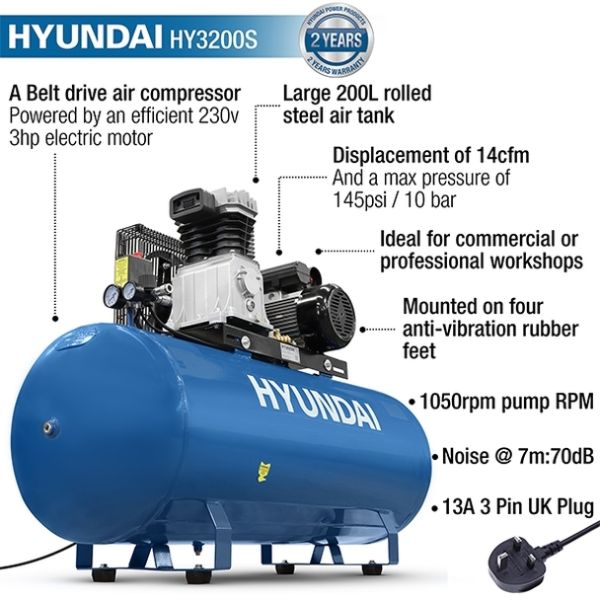 Hyundai HY3200S 200 Litre 3HP Air Compressor 14CFM