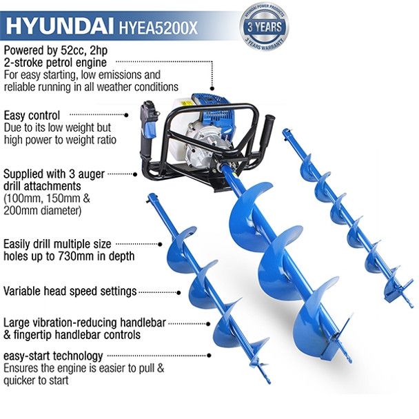 Hyundai 52cc Petrol Earth Auger Borer and Drill