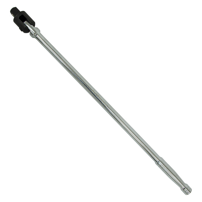 A long chrome metal rod with a black plastic or rubber connector piece at one end, photographed on a plain white background.