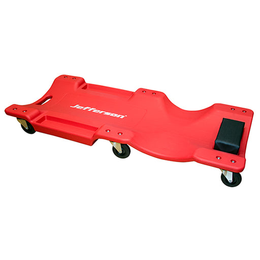 Red car creeper with 'Jefferson' branding on a white background