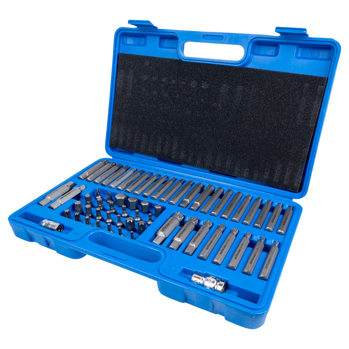 A blue plastic power bit set case shown open on a white background, containing multiple bits in molded compartments.