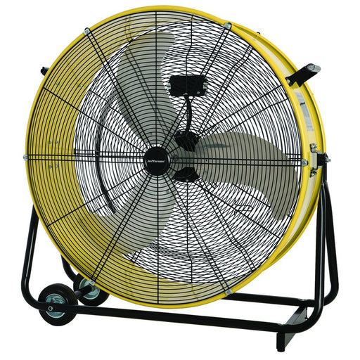 A large industrial floor fan with a bright yellow protective cage, black metal fan blades, and a black wheeled stand, shown against a plain white background.