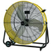 A large industrial floor fan with a bright yellow protective cage, black metal fan blades, and a black wheeled stand, shown against a plain white background.
