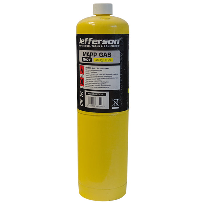 A yellow cylinder of Jefferson MAPP Gas Pro 4000 AC/CO2 blend, featuring a black and white label with product details, on a solid white background.