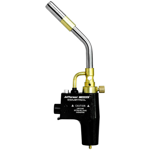 A Jefferson industrial torch with a black body, brass fittings, and a silver metal nozzle, shown on a plain white background.