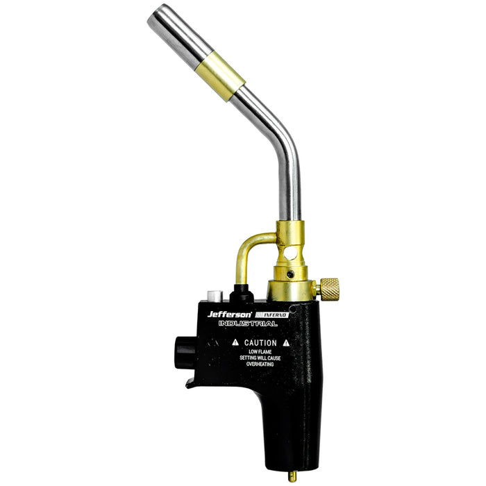 A Jefferson industrial torch with a black body, brass fittings, and a silver metal nozzle, shown on a plain white background.