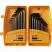 Set of hex keys in a yellow case with labels for imperial and metric measurements.