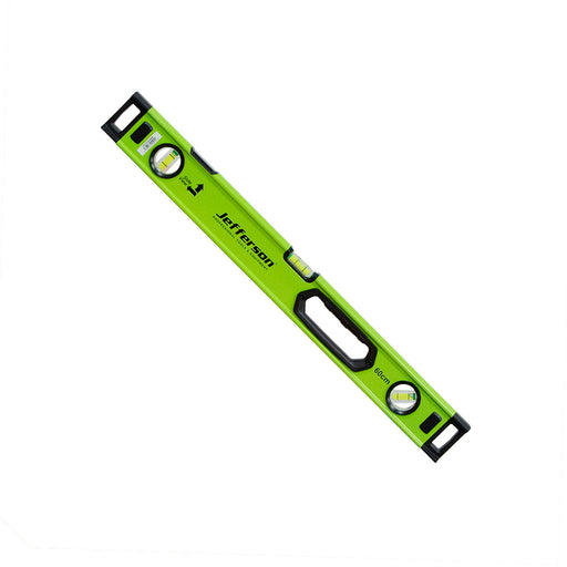 Green level tool with black accents on a white background