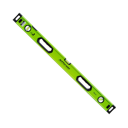 Green level tool with black accents on a white background