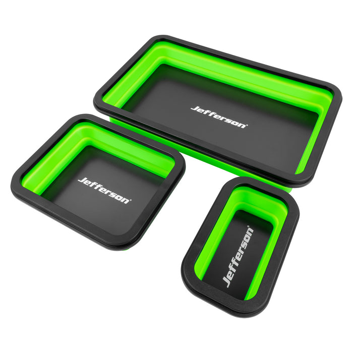 Three rectangular black and neon green collapsible trays with the brand name 'Jefferson' printed in white on the inside, shown on a plain white background.
