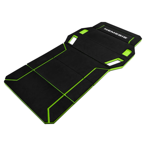 A black NEMESIS folding work mat with bright neon green accents and white logo branding, shown on a solid white background.