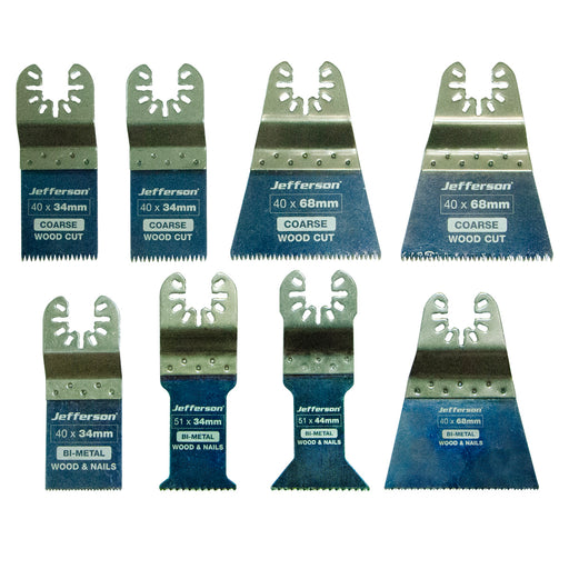 Set of Jefferson oscillating tool blades on a white background