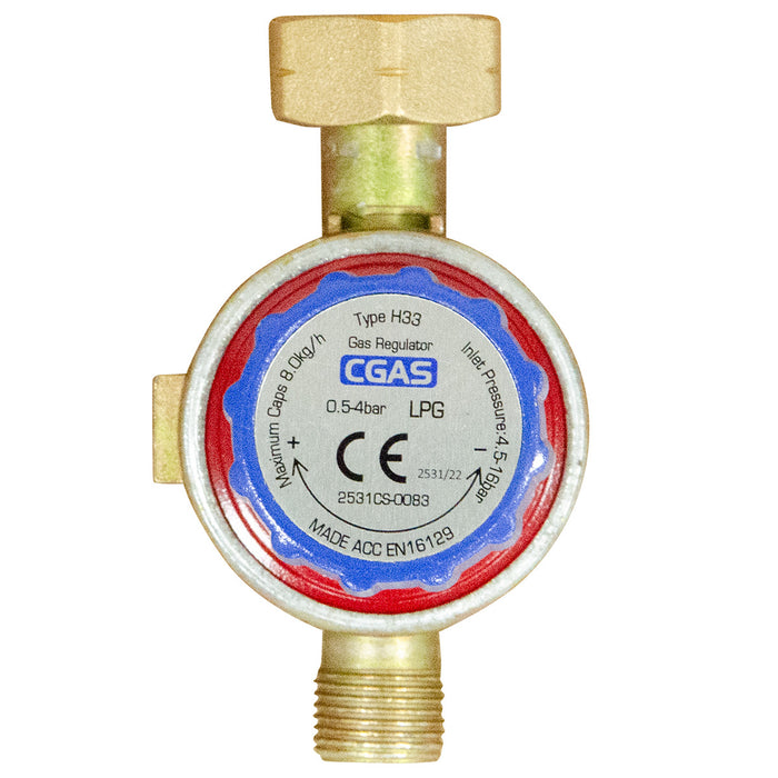 A brass LPG gas regulator with a round blue, red, and white CGAS label, isolated on a white background.