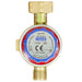 A brass LPG gas regulator with a round blue, red, and white CGAS label, isolated on a white background.