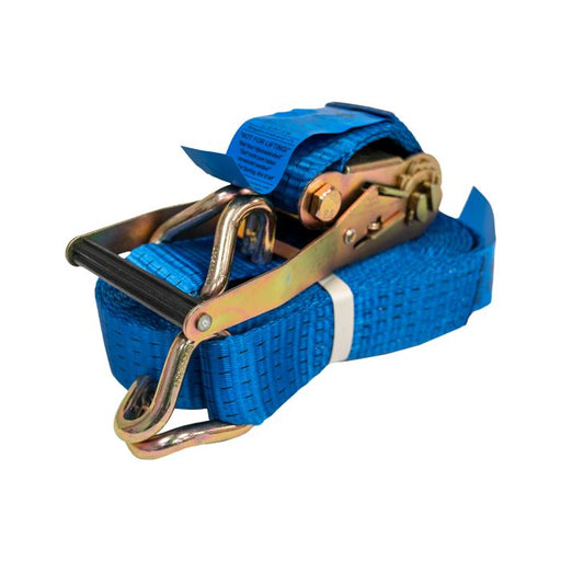 blue 5 ton ratchet strap on a white background