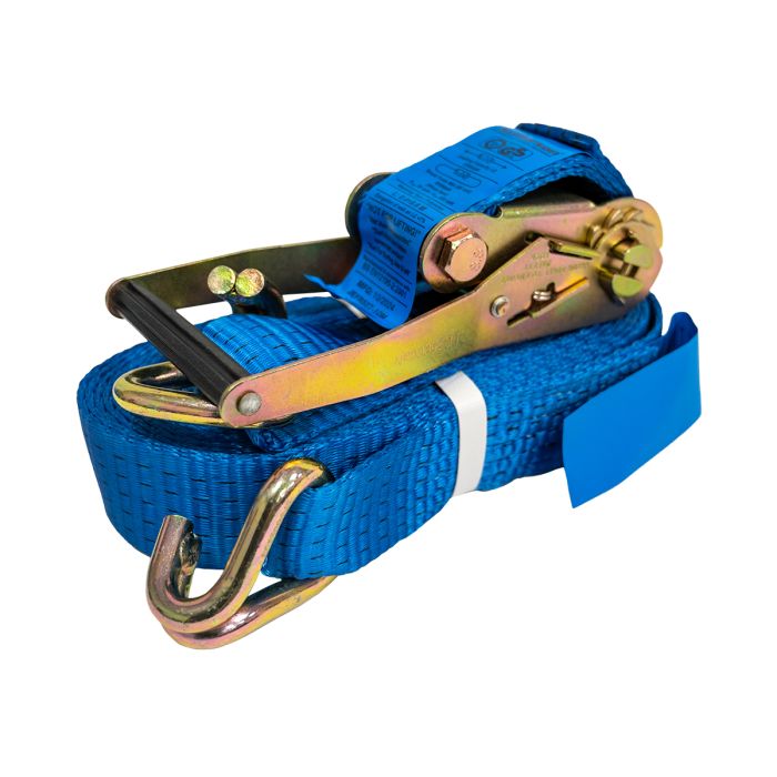 blue 5 ton ratchet strap on a white background