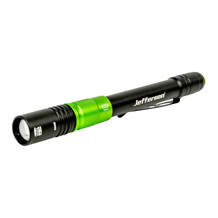 Black and green flashlight with 'Jefferson' branding on a white background