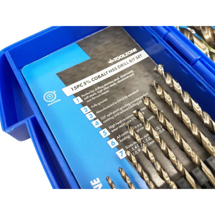 Toolzone 15pc 5% Cobalt HSS Drill Bit Set (1.5 - 10mm)