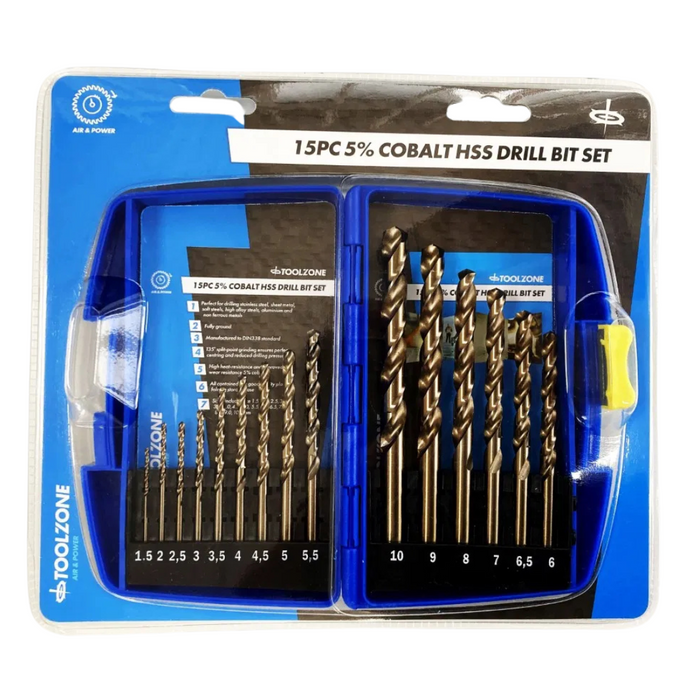 Toolzone 15pc 5% Cobalt HSS Drill Bit Set (1.5 - 10mm)
