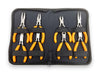 A 8-piece pliers set with bright orange handles and silver metal heads, organized in a black zippered carrying case with black elastic loops, shown on a white background.