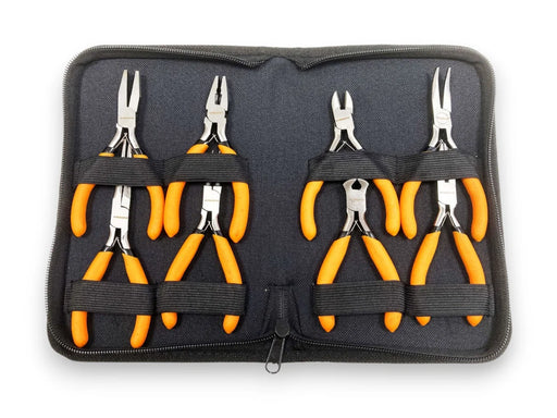A 8-piece pliers set with bright orange handles and silver metal heads, organized in a black zippered carrying case with black elastic loops, shown on a white background.