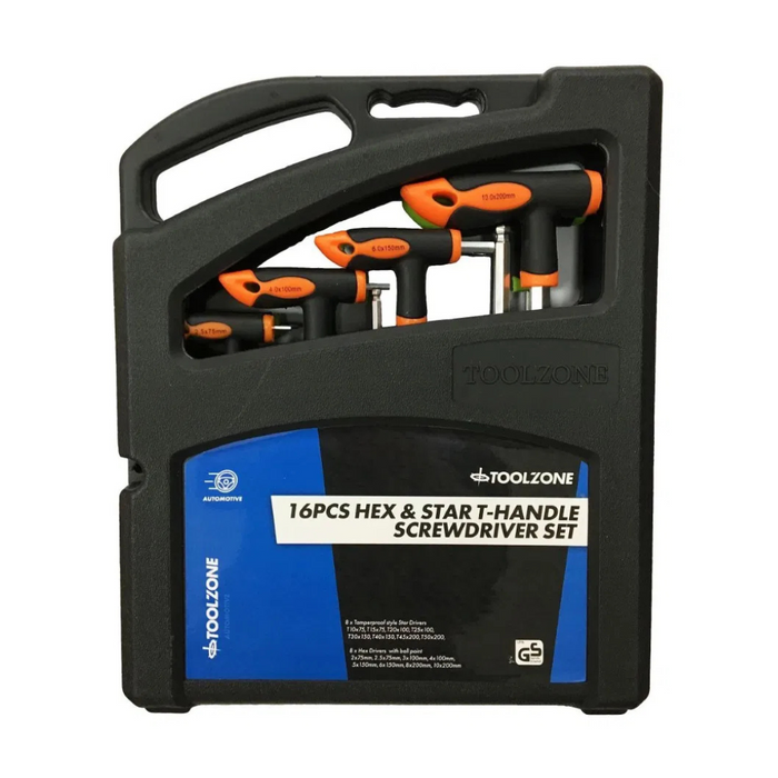 Toolzone 16pc CRV T Handle Hex & Star S/Drive