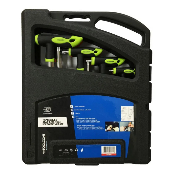Toolzone 16pc CRV T Handle Hex & Star S/Drive