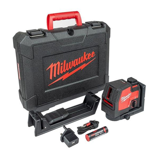 Milwaukee tool set with case, laser level, batteries, and charger on a white background