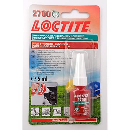 A 5 ml bottle of Loctite 2700 Threadlocker in its original blister card packaging, featuring a red and white design with product details and usage images.