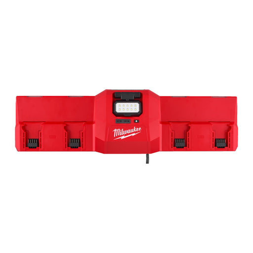 Red Milwaukee battery charger on a white background