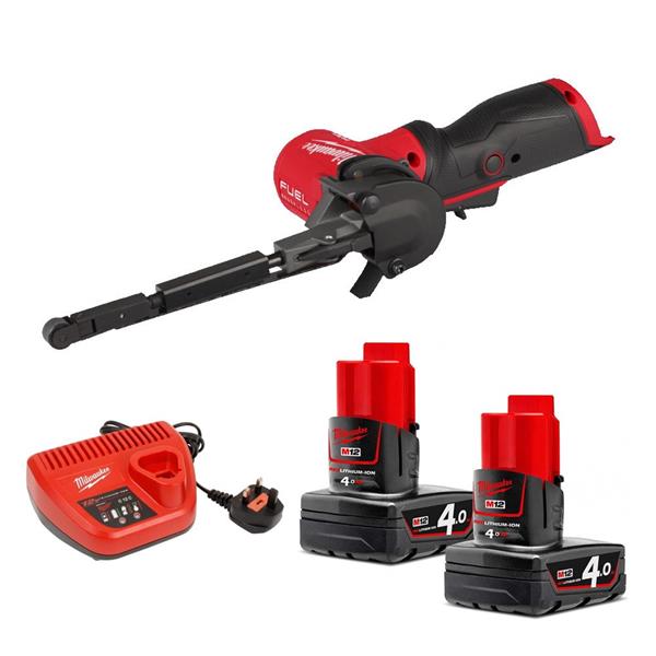 Milwaukee tool set with band file, batteries, and charger on a white background
