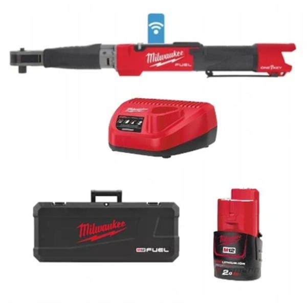 Milwaukee torque wrench with drill, battery, and case on a white background