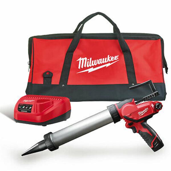 milwaukee caulking gun, charger and bag on white background