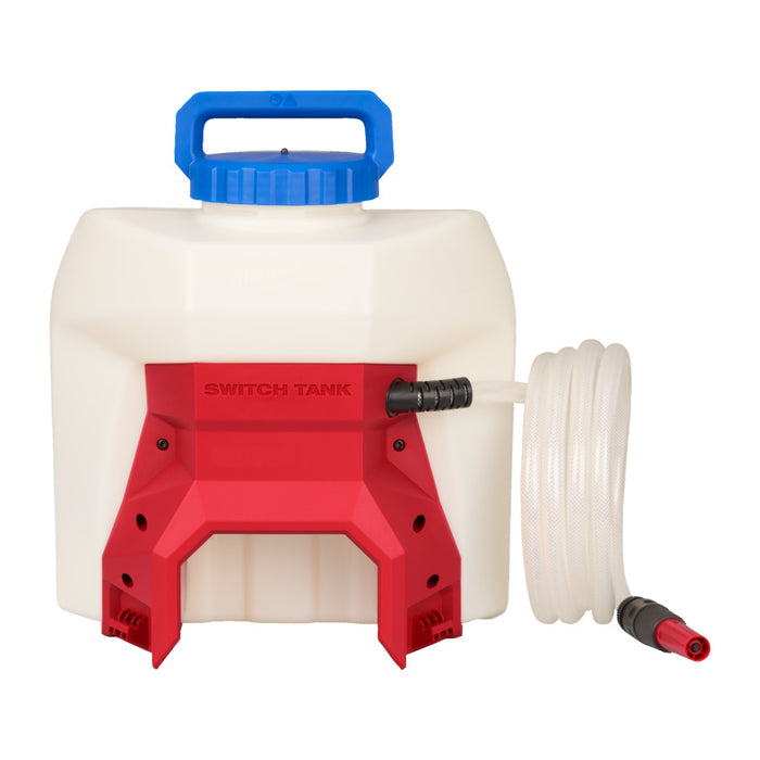 White sprayer tank with red base and blue handle on a white background