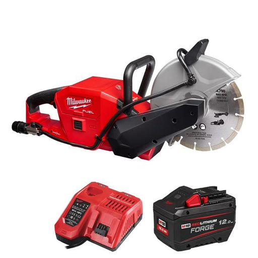 Milwaukee circular saw with battery and charger on a white background