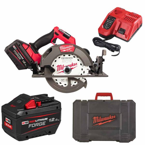 Milwaukee cordless circular saw with battery and charger on a white background